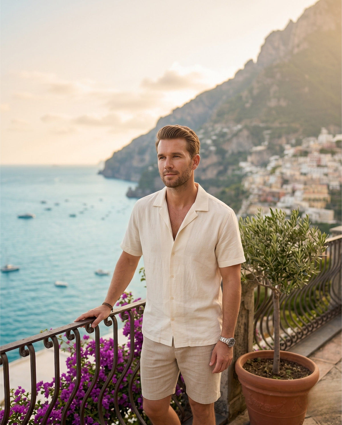 Lonsmere summer collection, model on a coastal terrace